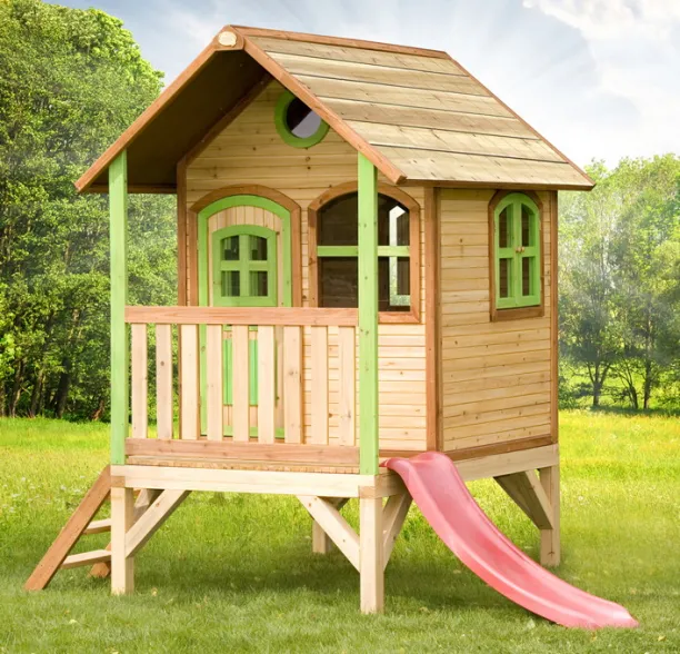 Kinder-Holz-Spielhaus flach Stelzenspielhaus farbig lasiert Veranda Rutsche grn